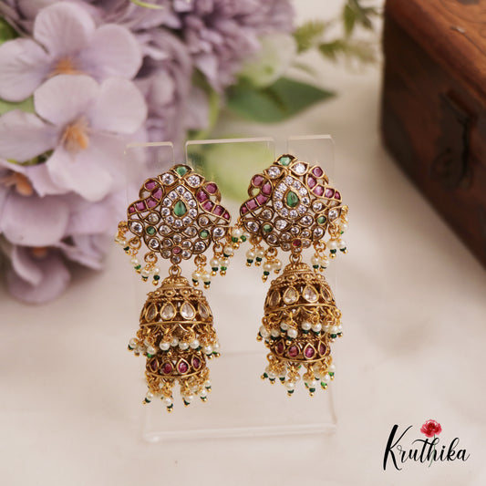 Beautiful AD Peacock Teardrop Motifs Jhumka With Bead Drops E994 (Available In 2 Colors)