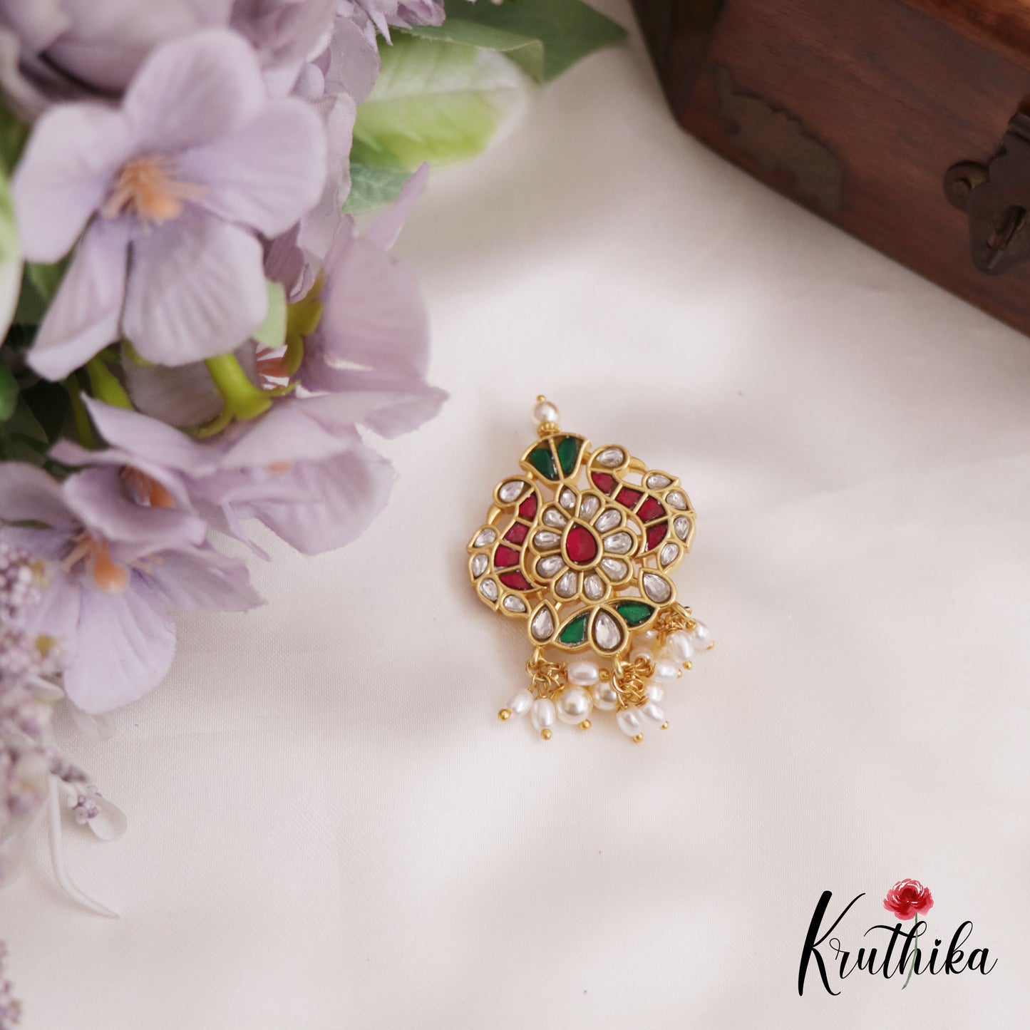 Classic Peacock Motifs Jadau Jada Billa With Green Bead Drops J339 (Available In 2 Colors)