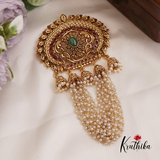 Stunning Kemp Floral Motifs Jhumka Jada Billa With Multi Strand Pearls J323
