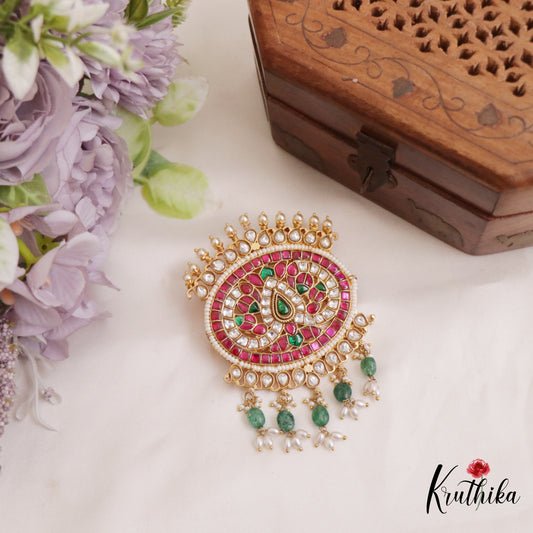 Stunning Mango Motifs Jadau Pendant With Pearl And Bead Drops PS259