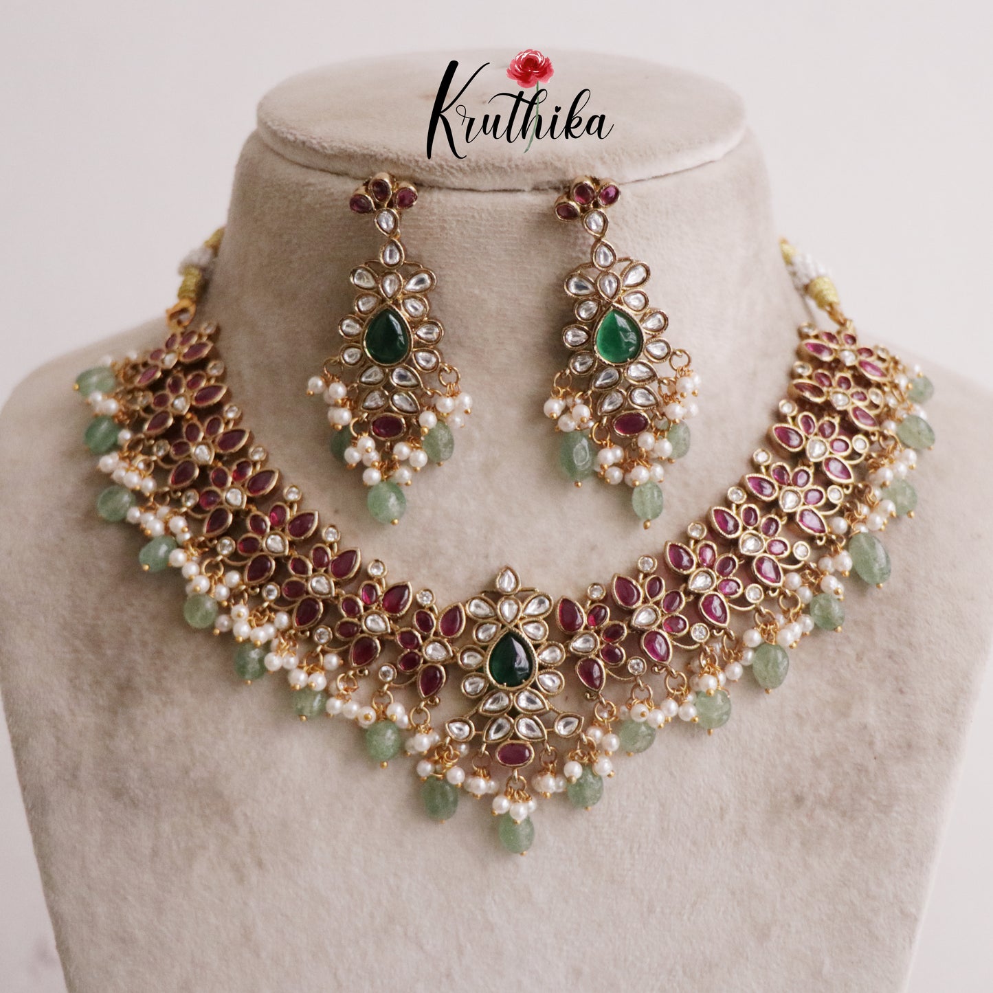 Royal Kemp Floral Necklace with Pastel Green Beads Drops NC2196