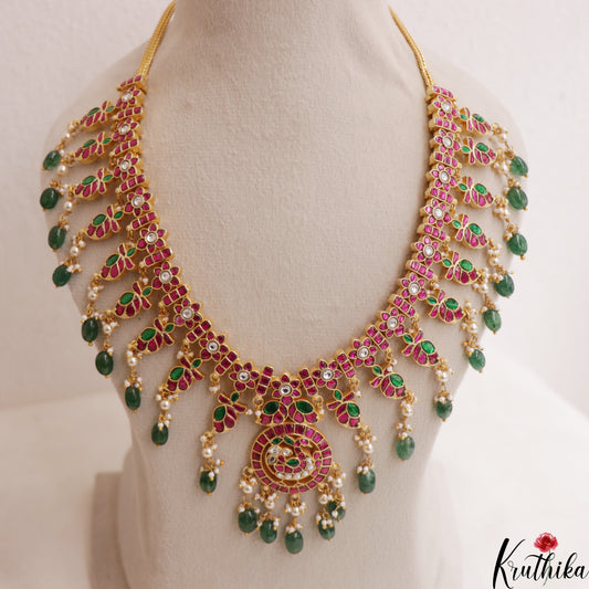 Stunning Floral Peacock Motifs Jadau Necklace With Green Bead Drops NC3016