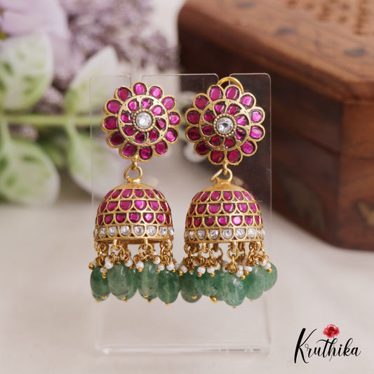Premium Floral Motifs Jhumka Jadau Earrings With Pearl And Bead Drops E850