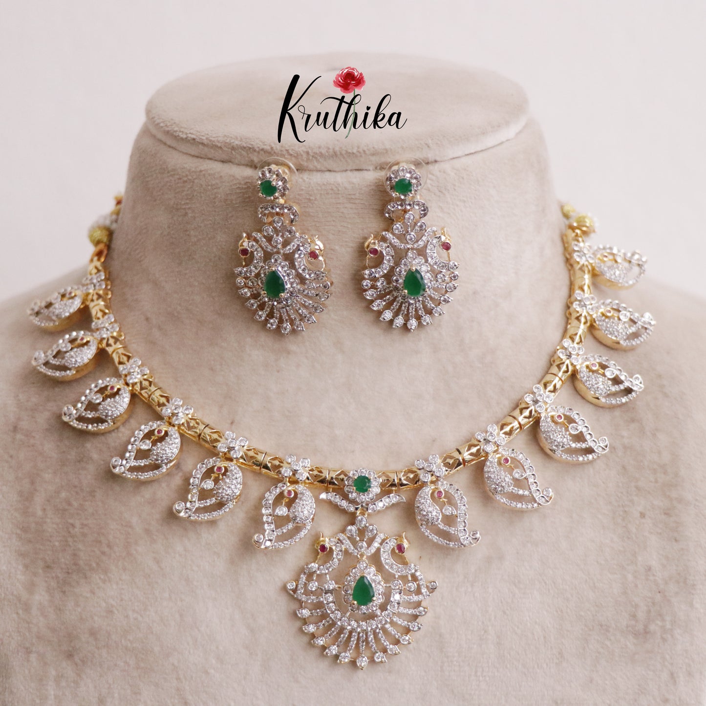 Beautiful CZ Sparkling Mango and Peacock Pendant Necklace NC2218