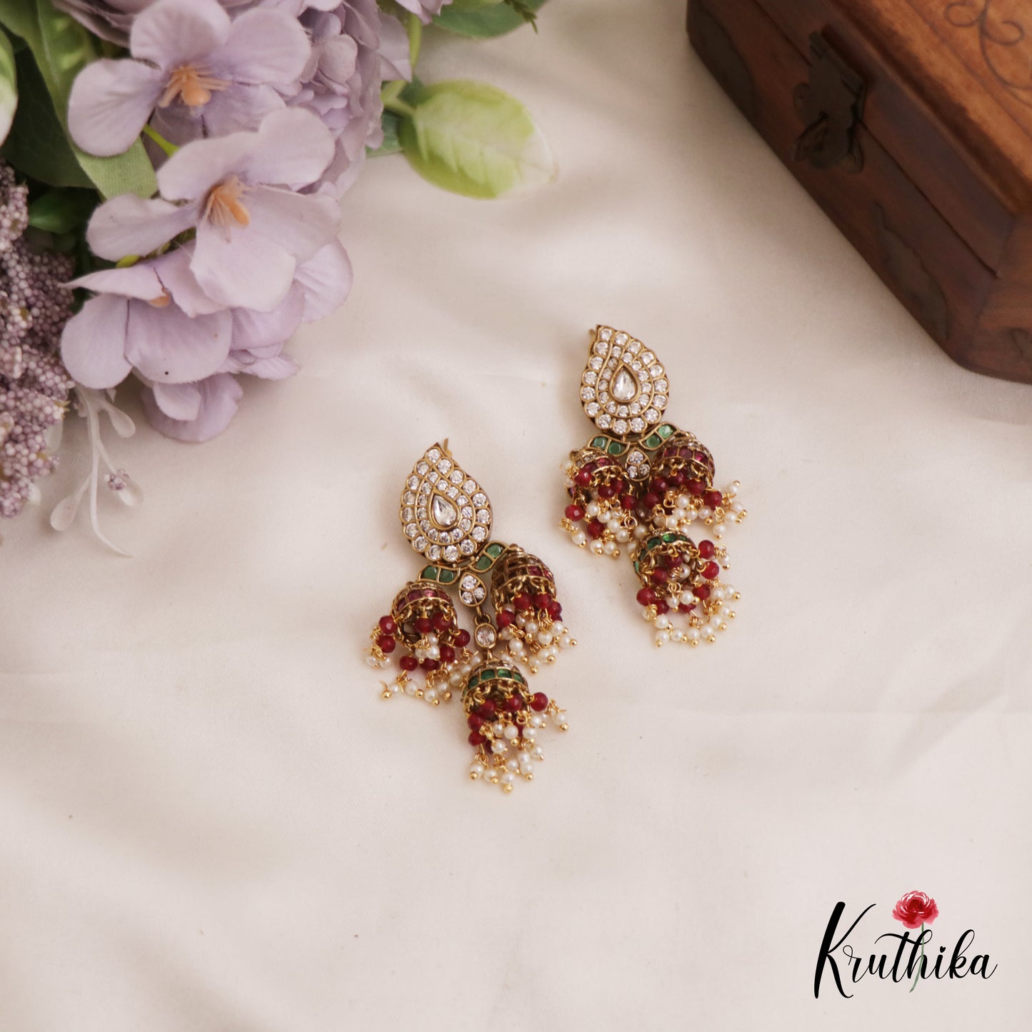 Stunning AD Mango Motifs Jadau Jhumka With Bead Drops E993 (Available In 2 Colors)