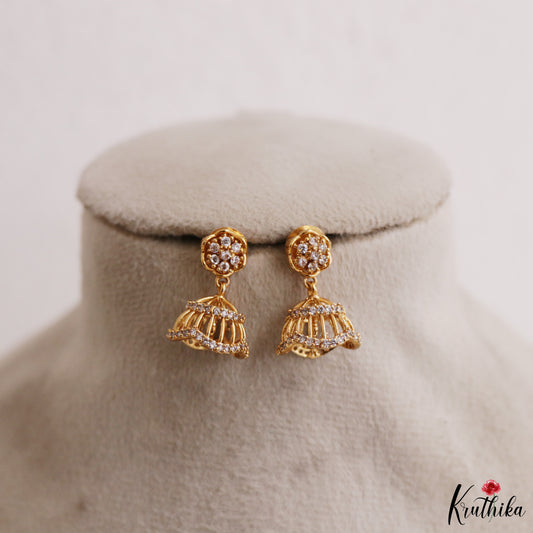 Simple White AD Gold tone Floral Jhumkas E1237