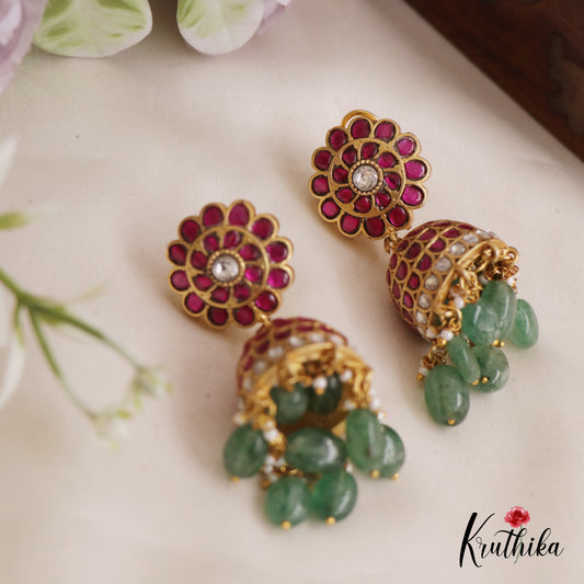 Premium Floral Motifs Jhumka Jadau Earrings With Pearl And Bead Drops E850