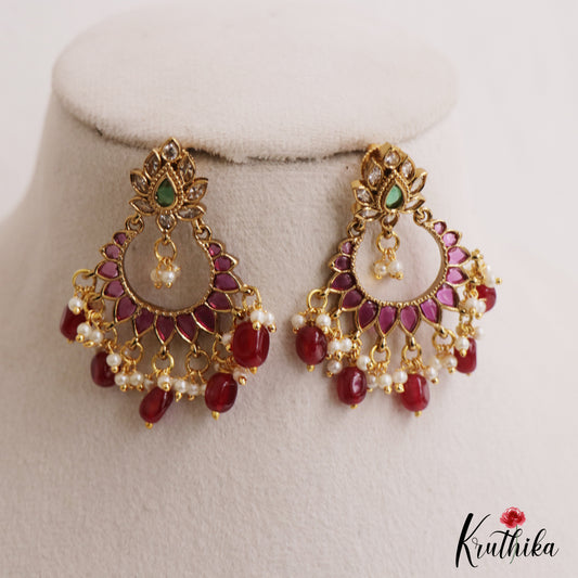 Pretty Floral Motifs Chandbali Earrings With Bead Drops E1092 (Available In 2 Colors)