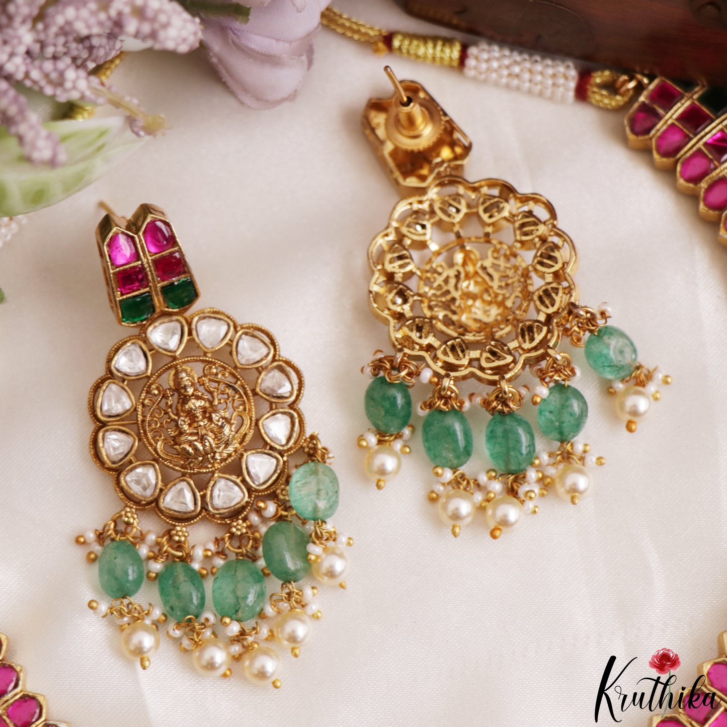 Grand Lakshmi Motifs Polki Jadau Choker With Pear Bead Drops NC3220