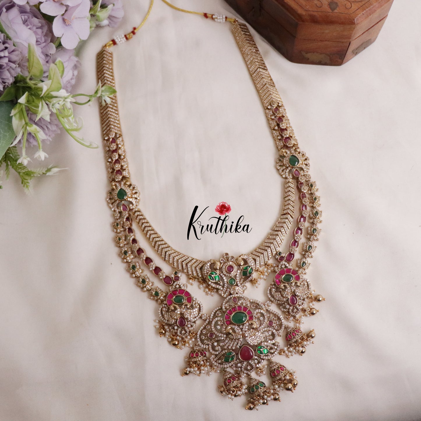 Royal Bridal Peacock Antique Jadau Haaram and Jhumka Drops LH1937 (Available in 2 Colours)