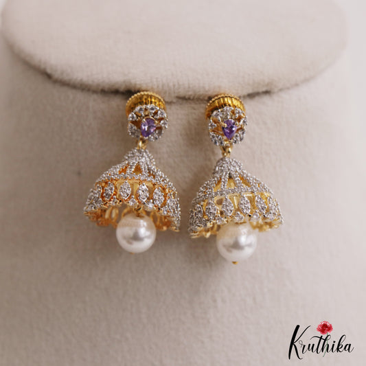 Pretty Teardrop Motifs AD Jhumkas With Pearl Drop E1097 (Available In 3 Colors)