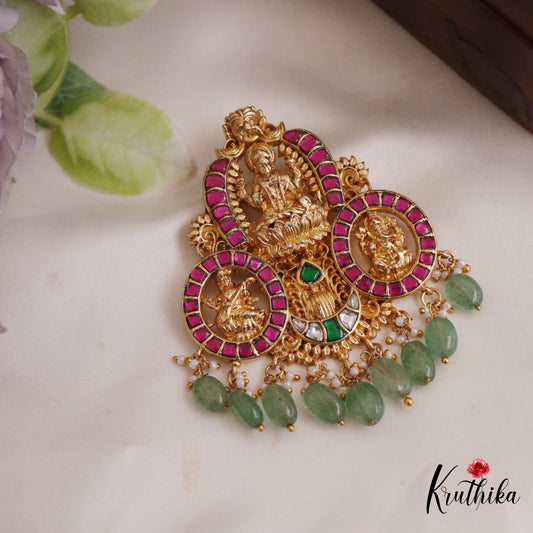 Beautiful Lakshmi Saraswati Ganesha Motifs Jadau Pendant With Green Bead Drops PS266