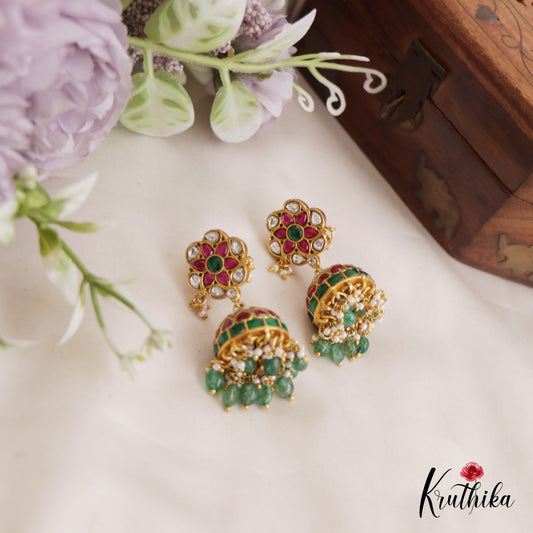 Elegant Floral Jhumka Jadau Earrings With Pearl And Bead Drops E839