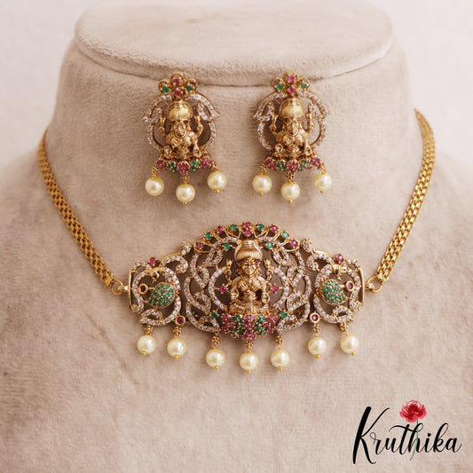 Elegant Antique Lakshmi Motifs AD Choker With Pearl Drops NC2819