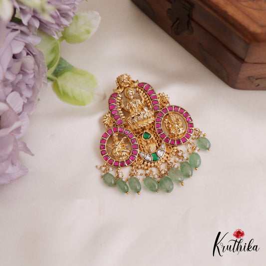 Beautiful Lakshmi Saraswati Ganesha Motifs Jadau Pendant With Green Bead Drops PS266