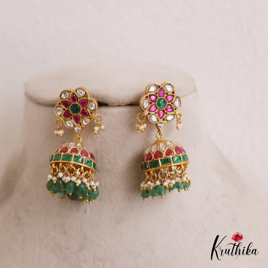 Elegant Floral Jhumka Jadau Earrings With Pearl And Bead Drops E839