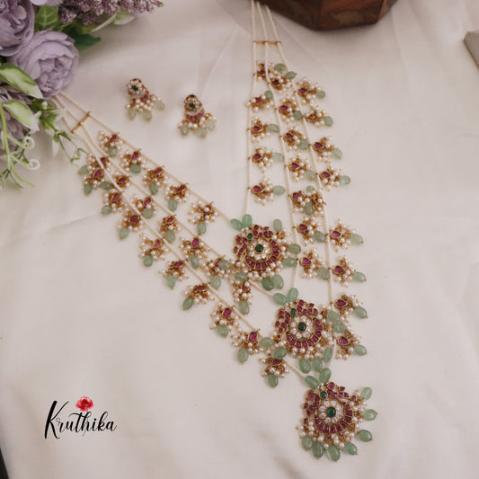 Beautiful Multi Stone Three Layer Peacock Kemp Haaram with Pastel Green Beads LH1959