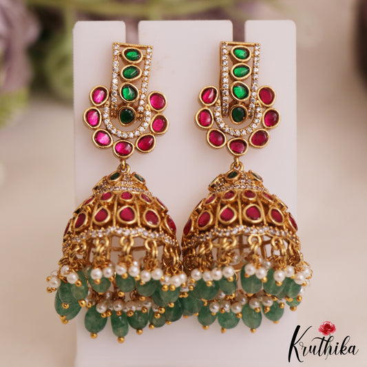 Premium Geometric Motifs Jadau Jhumka With Green Bead Drops E1029
