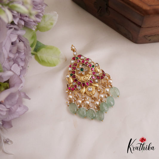 Beautiful Floral Peacock Motifs Jadau Pendant With Pearl And Bead Drops PS261