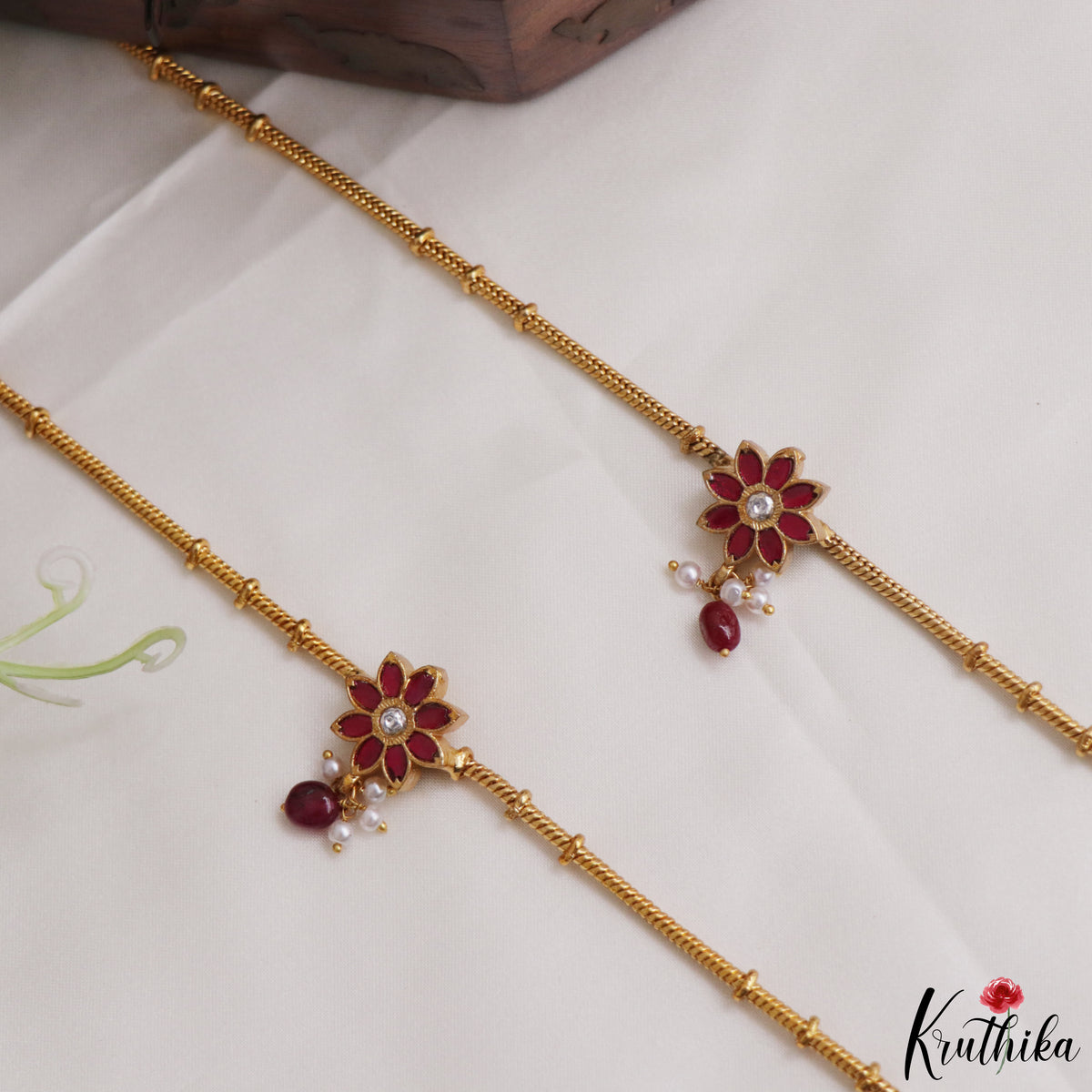 Trendy Floral Ruby Jadau Pendant Anklets A68