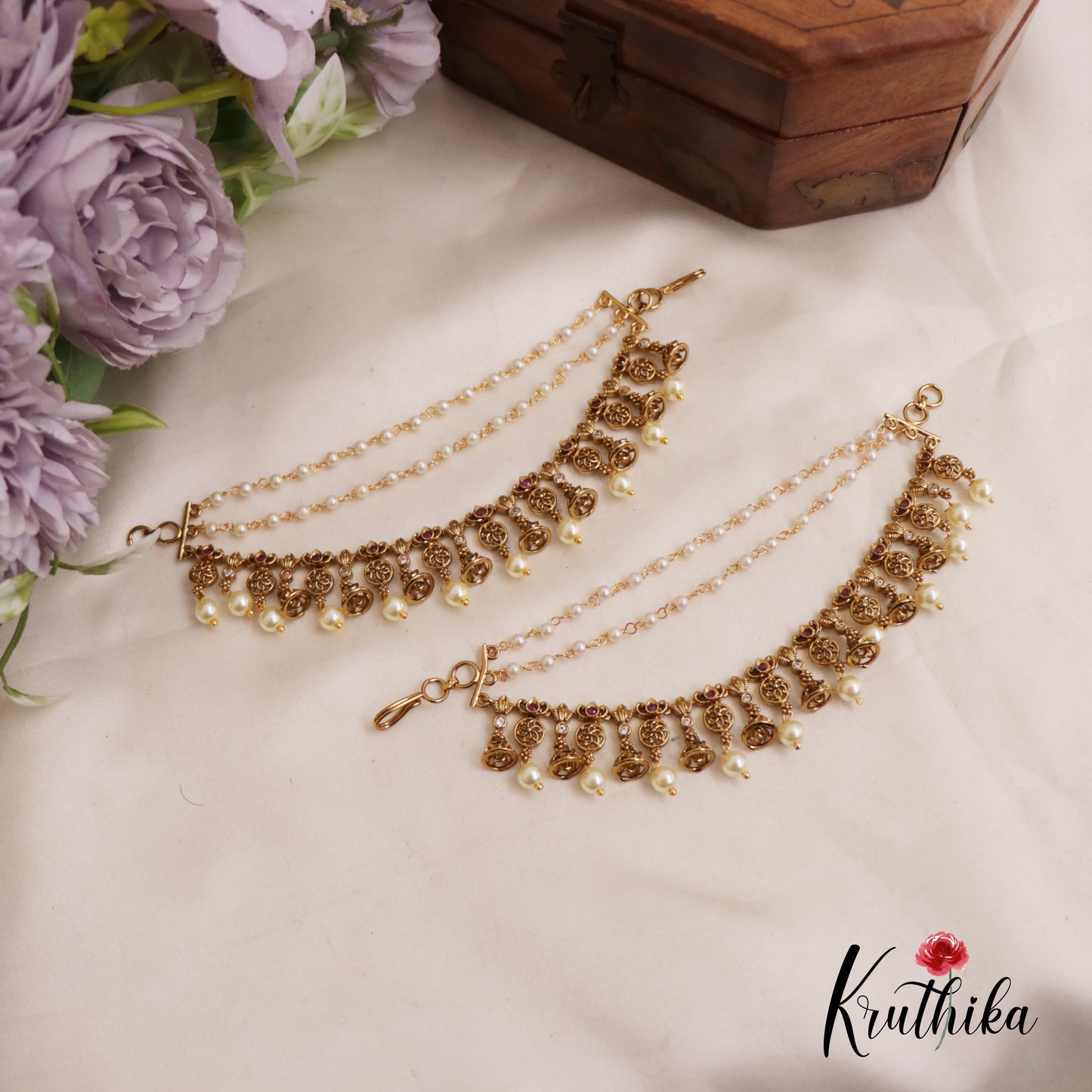 Stunning Kemp Floral Pearl Drop Jhumka With Triple Layered Earchains EC167