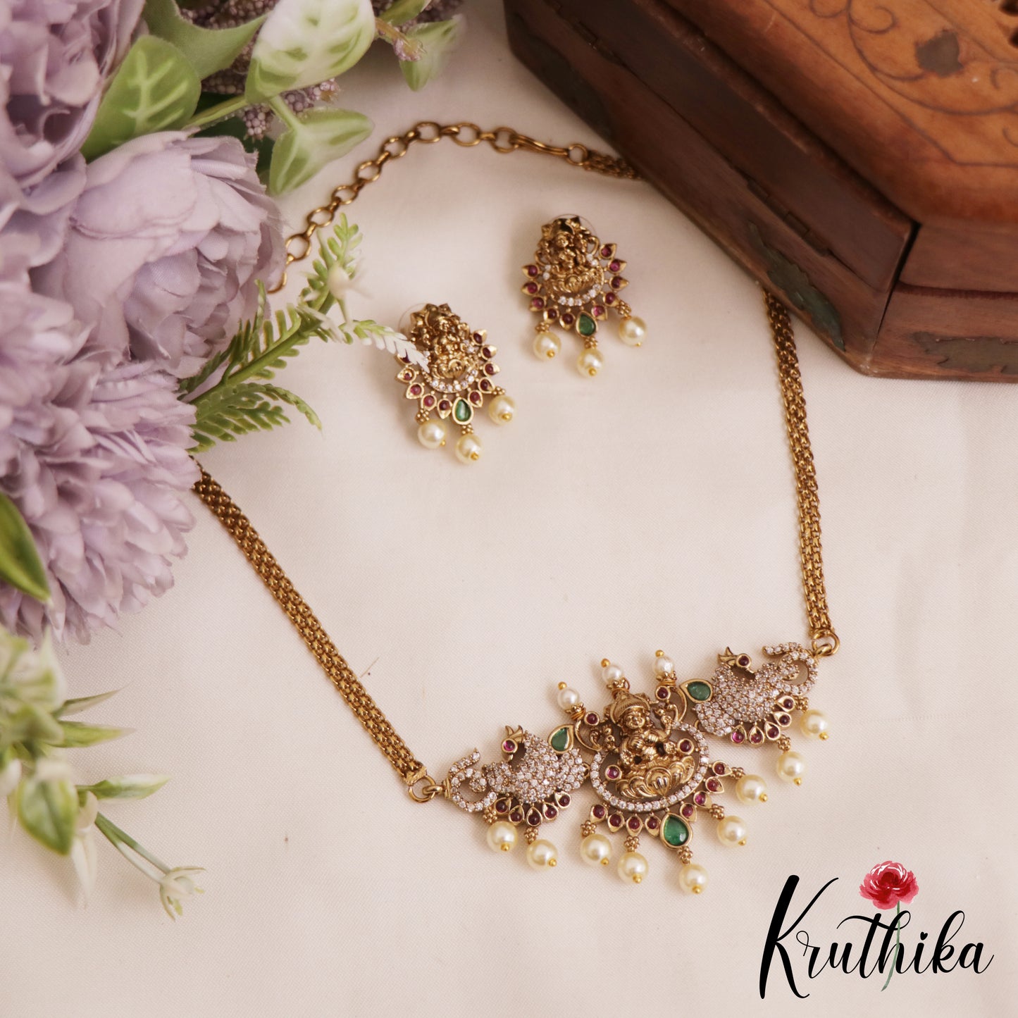 Classic Antique Lakshmi Peacock Motifs AD Choker With Pearl Drops NC2825