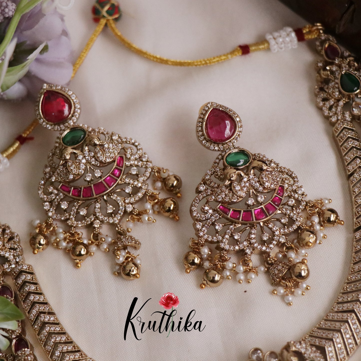 Royal Bridal Peacock Antique Jadau Necklace and Jhumka Drops NC2187 (Available in 2 Colours)