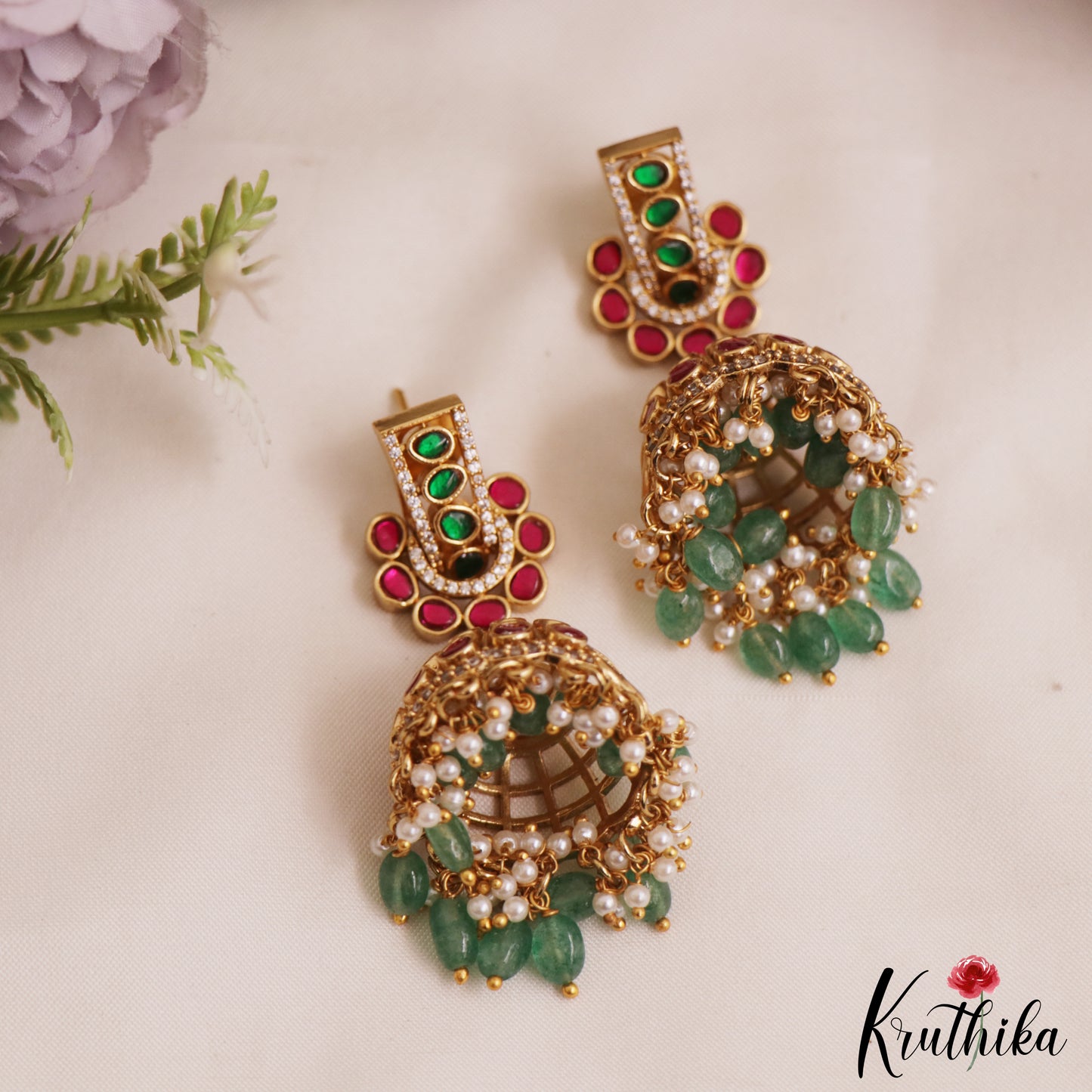 Premium Geometric Motifs Jadau Jhumka With Green Bead Drops E1029