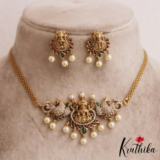 Classic Antique Lakshmi Peacock Motifs AD Choker With Pearl Drops NC2825
