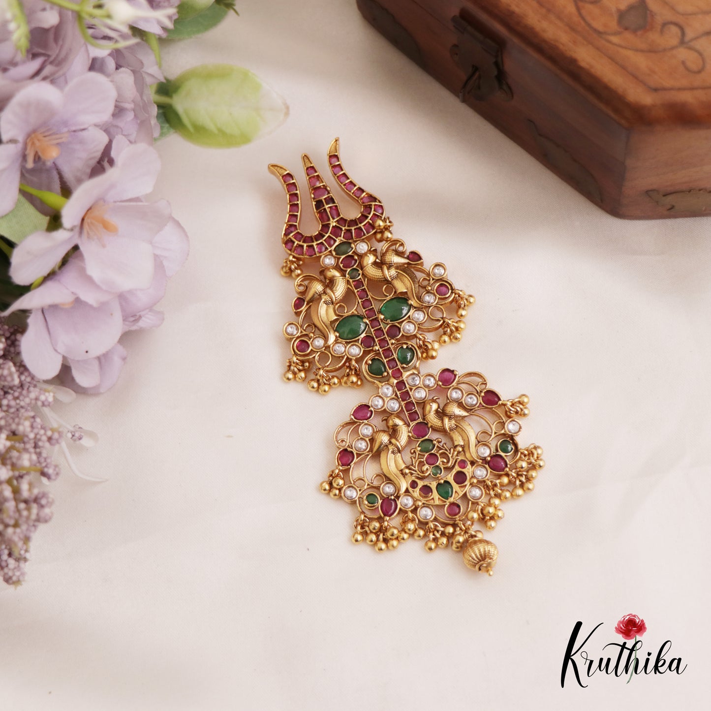 Stunning Trishul Motifs Kemp Pendant With Golden Bead Drops PS277