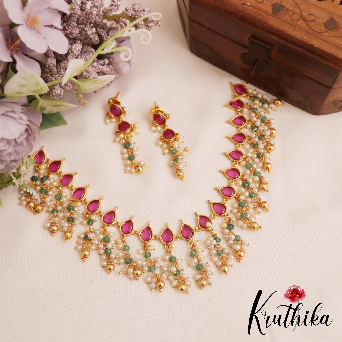 Pretty Teardrop Motifs Jadau Necklace With Bead Drops NC2861