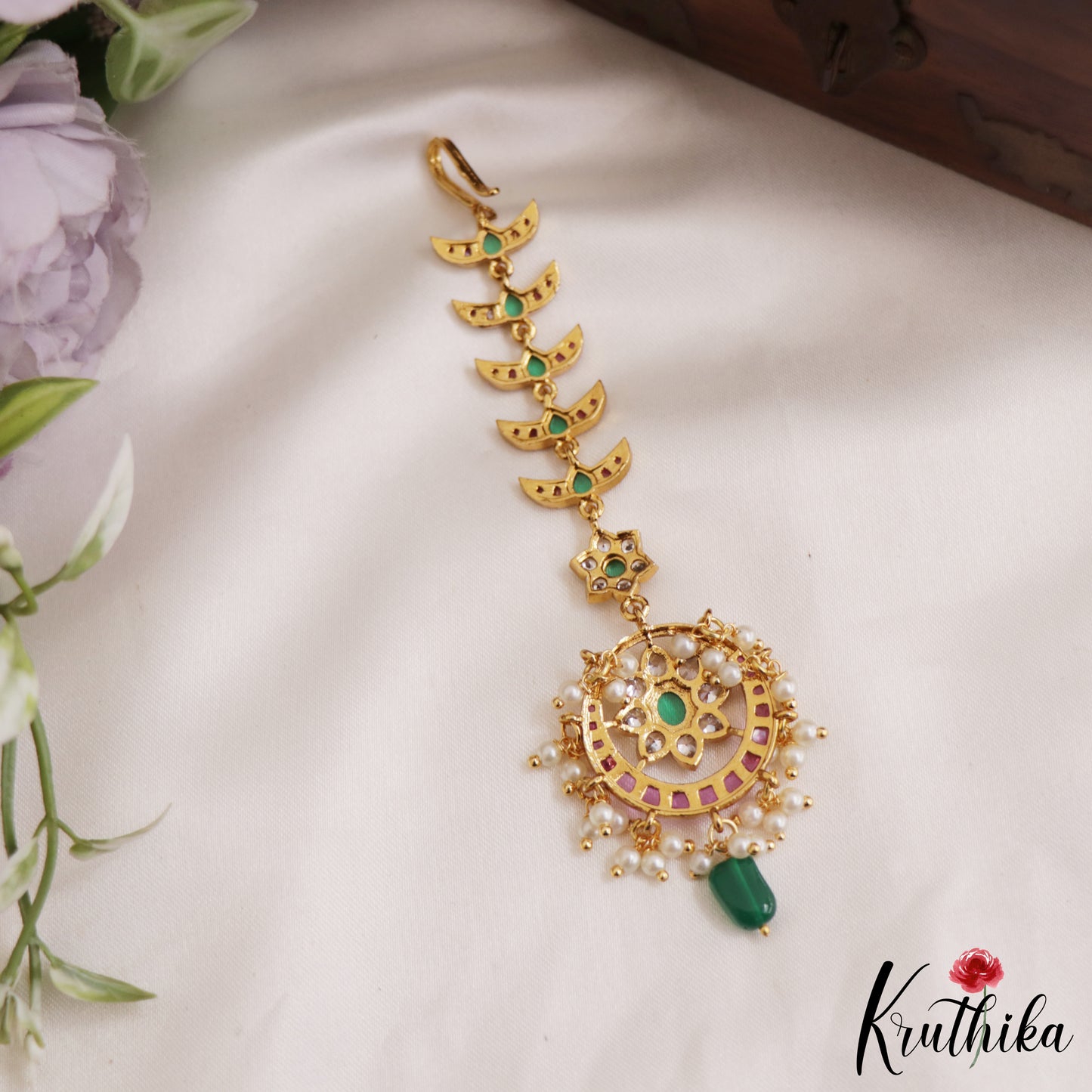 Elegant Floral kemp Maang Tikka With Bead And Pearl Drops MT338