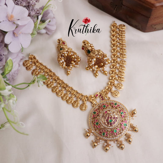 Classic Jadau Peacock Pendant Kasu Necklace with Golden Beads NC2186