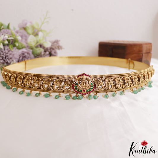 Antique Lakshmi Elephant Motifs Kemp Hip Belt With Bead Drops V403