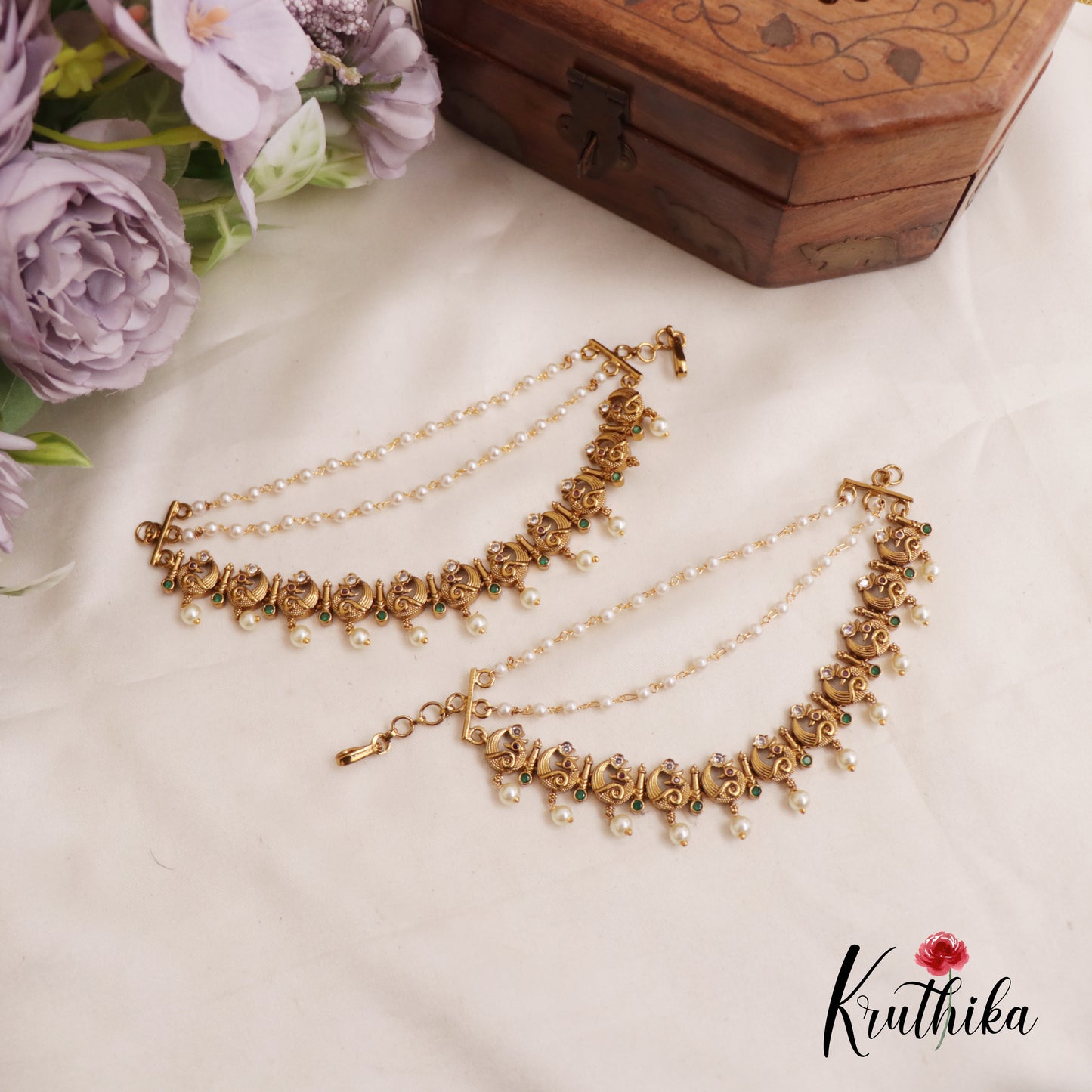 Elegant Peacock Pearl Drop With Triple Layered Earchains EC168