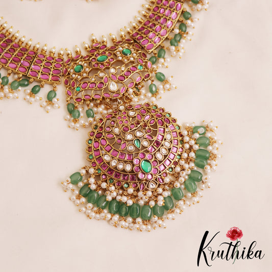 Premium Floral Peacock Motifs Kemp Necklace With Green Bead Drops NC2860