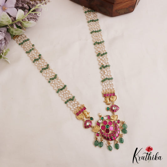 Stunning Floral Motifs Multi Pearl Bead Strand Jadau Haaram With Green Bead Drops LH2092