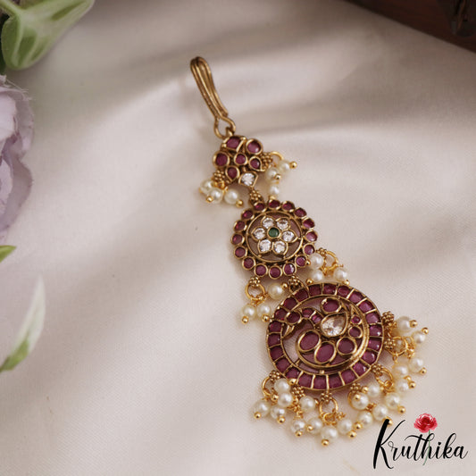 Classic Floral Peacock Motifs Kemp Maang Tikka With Pearl Drops MT339