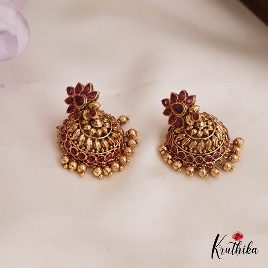 Elegant Antique Floral Motifs Jhumka With Golden Bead Drops E970 (Available In 2 Colors)