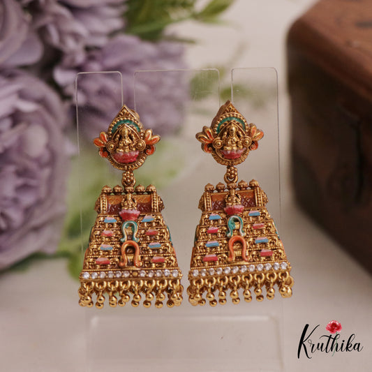 Gorgeous Hand painted Gopuram Jhumkas With Golden Bead Drops E904
