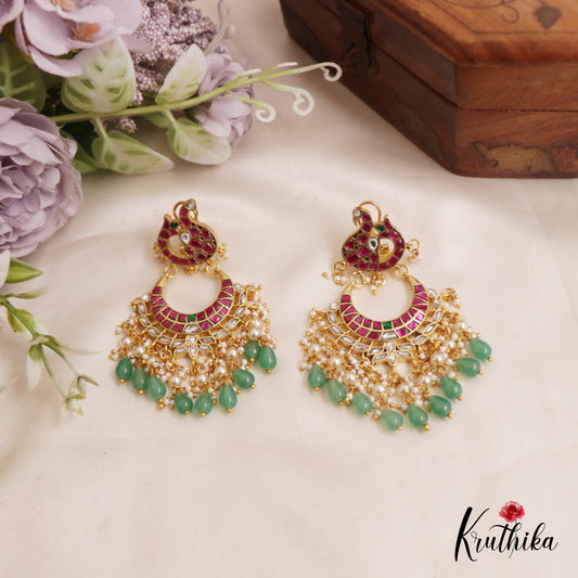 Gorgeous Peacock Motifs Chandbali Jadau Earrings With Bead And Pearl Drops E835
