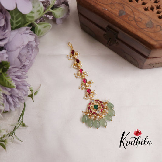 Gorgeous Jadau Lotus Maang Tikka with Pastel Green Beads MT291
