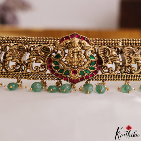 Antique Lakshmi Elephant Motifs Kemp Hip Belt With Bead Drops V403