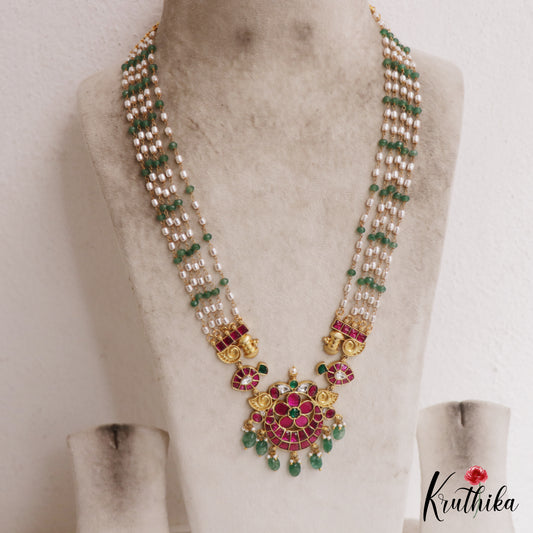 Stunning Floral Motifs Multi Pearl Bead Strand Jadau Haaram With Green Bead Drops LH2092