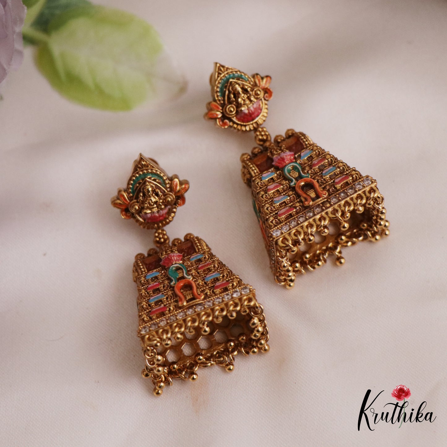 Gorgeous Hand painted Gopuram Jhumkas With Golden Bead Drops E904
