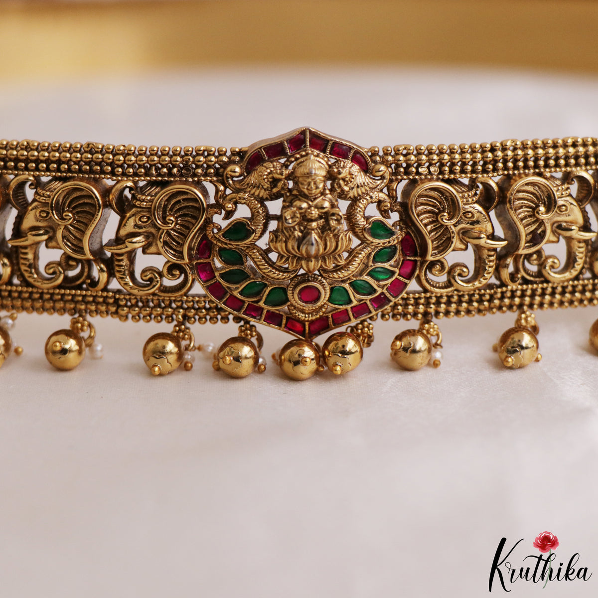 Antique Lakshmi Elephant Motifs Kemp Hip Belt With Bead Drops V403