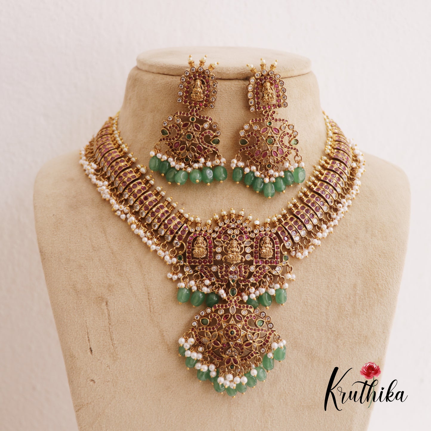 Premium Lakshmi Peacock Motifs Kemp Necklace With Green Bead Drops NC2628