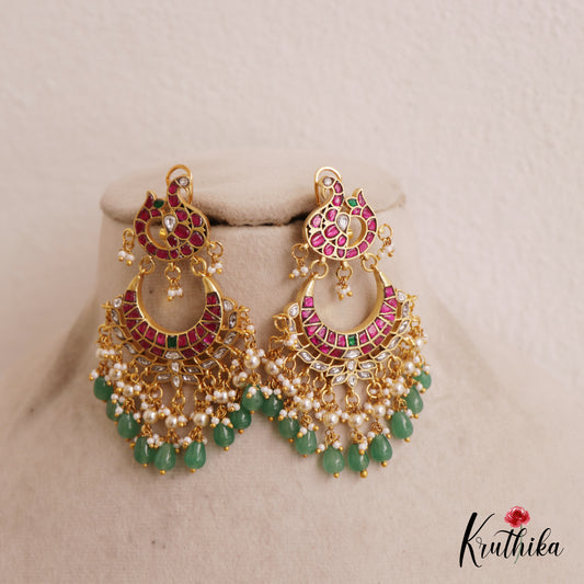 Gorgeous Peacock Motifs Chandbali Jadau Earrings With Bead And Pearl Drops E835