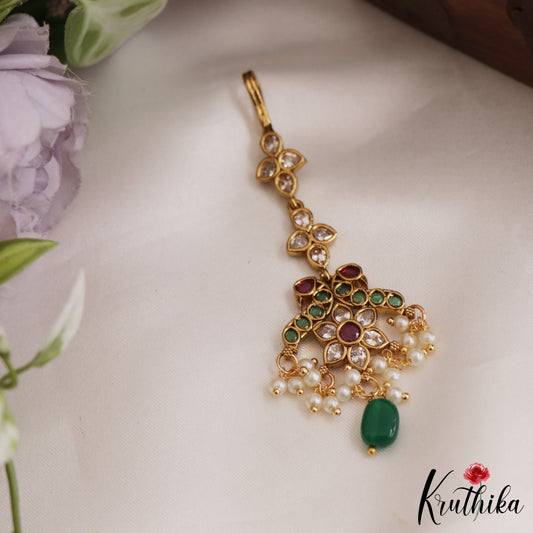 Elegant Floral Peacock Motifs Kemp Maang Tikka With Pearl And Bead Drops MT340