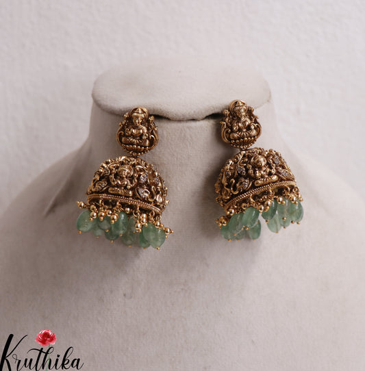 Premium AD Lakshmi Jhumkas with Green Beads Drops E700